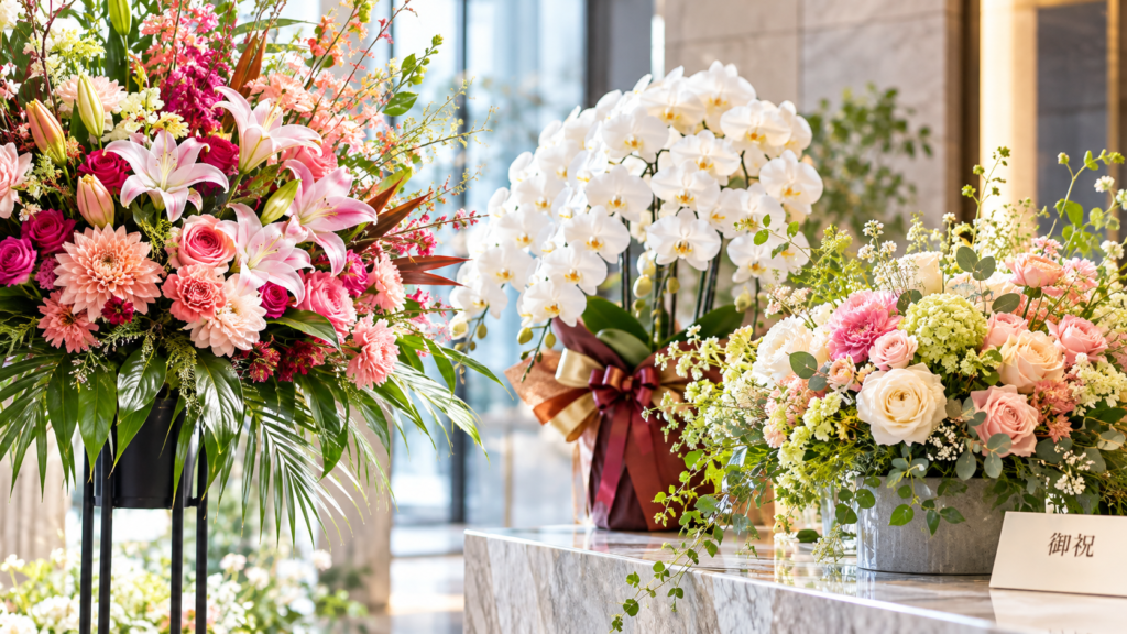 華やかな祝花と白蘭のロビー装花